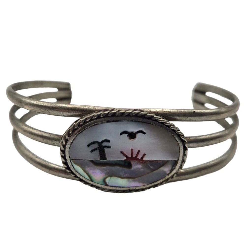 Vintage Abalone Shell Beach Scene Bracelet Palm tree Ocean Seagull Bird